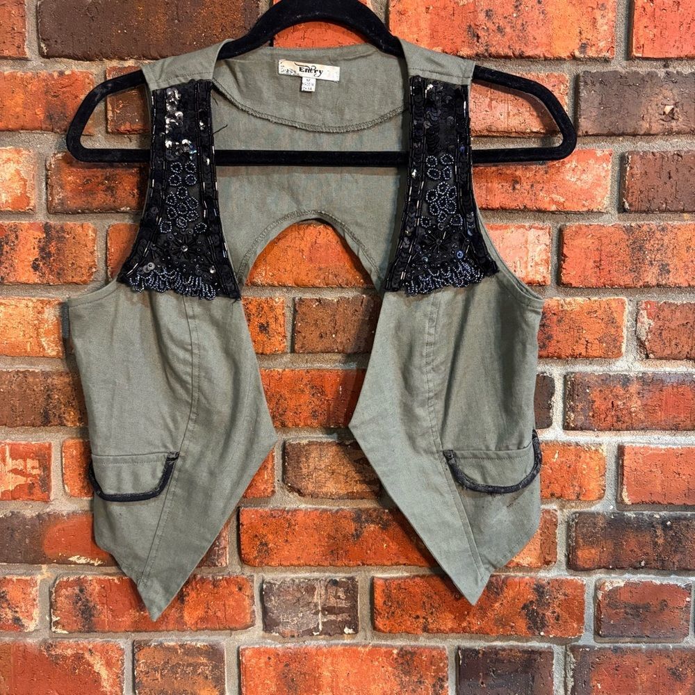 Entry womens boho western y2k sequined open front pointed hem vest olive green M